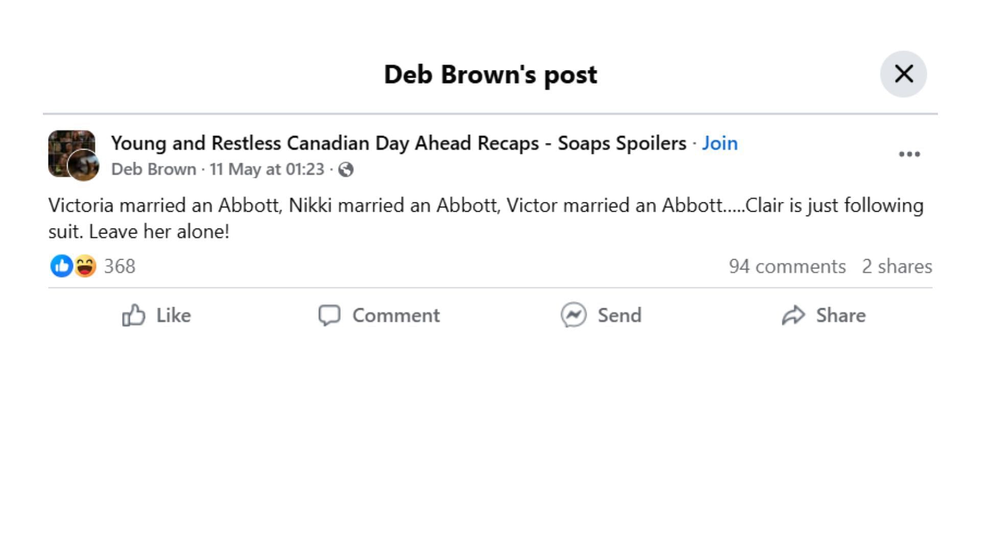 The Original Post by the fan (Image via Facebook/ @Deb Brown)